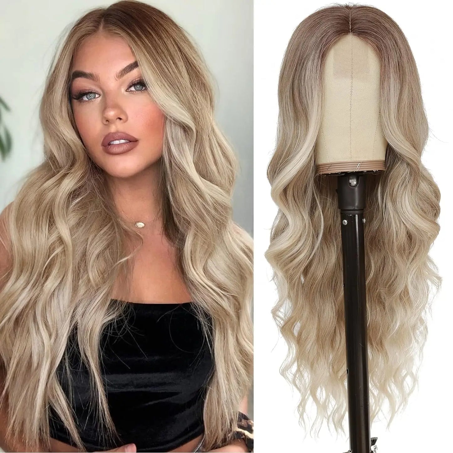Synthetische lange Spitzenperücke wellig für Damen, 66 cm, Mittelscheitel, lockig, natürlich aussehend, hitzebeständige Faser für Alltag, Party, Weihnachten