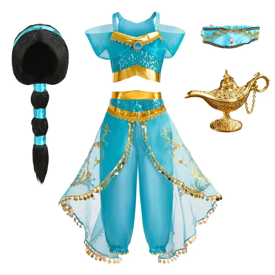 Kinder Arabische Prinzessin Kleid Mädchen Halloween Jasmin Kostüm Kinder Karneval Cosplay Party Verkleidung Mädchen Pailletten Festzug Outfit