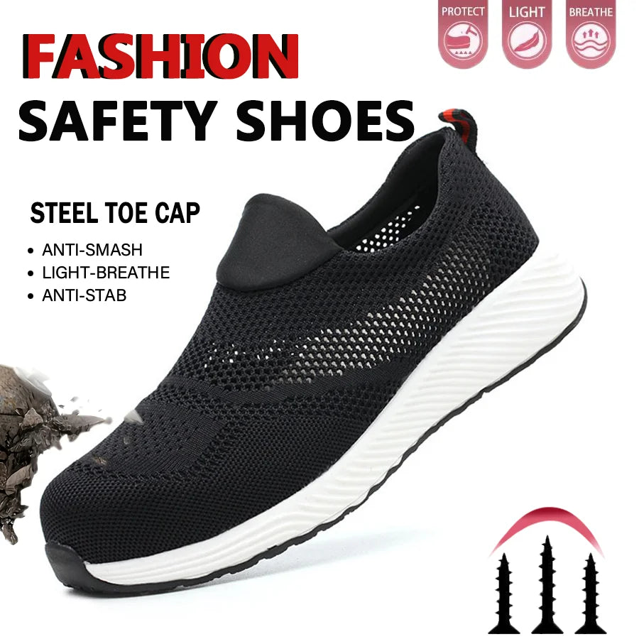 Breathable Safety Shoes Man Steel Toe Anti-Puncture Reinforced Sole Men's Work Shoes Lightweight Slip Resistant Safety Sneaker