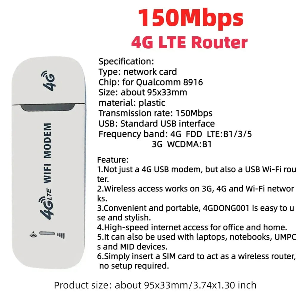 4G LTE Modem Stick Wireless 150Mbps USB Dongle Mobile Broadband 4G Sim Card Wireless Router Home Office Wireless WiFi Adapter