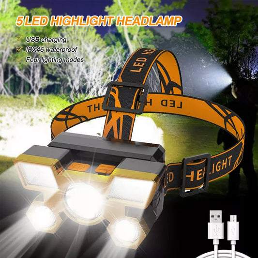 1pcs Rechargeable Headlamp, Portable 5LED Headlight Torch, Portable Working Light, Fishing Camping Head Light For Travel, Campin