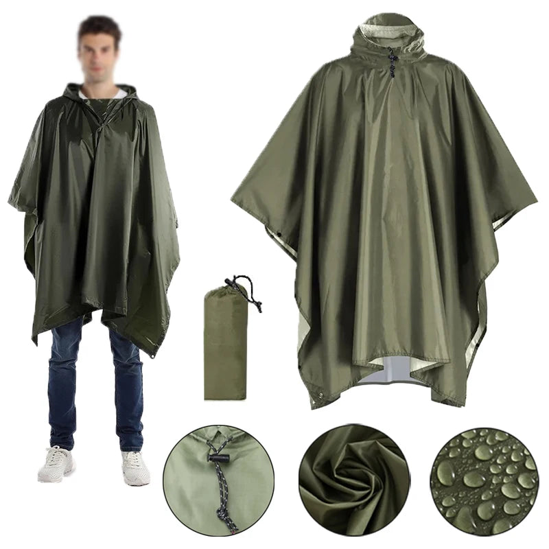 Outdoor 3 In 1 Military Raincoat Hooded Sleeve Waterproof Rain Poncho Motorcycle Rain Cover Camping Hiking Travel Rainwear Tent