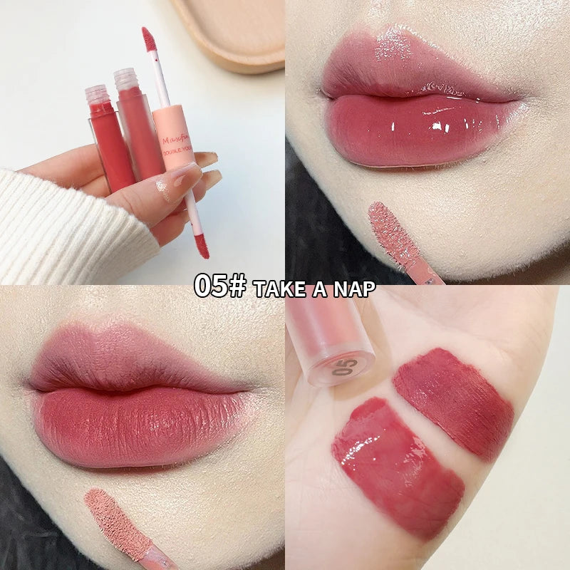 Doppelseitiger Lip Glaze Vollglanz Spiegel und mattes Samt Langzeit-Farbe und Feuchtigkeit Lip Gloss Anti-Flecken Kosmetik Lip Glaze
