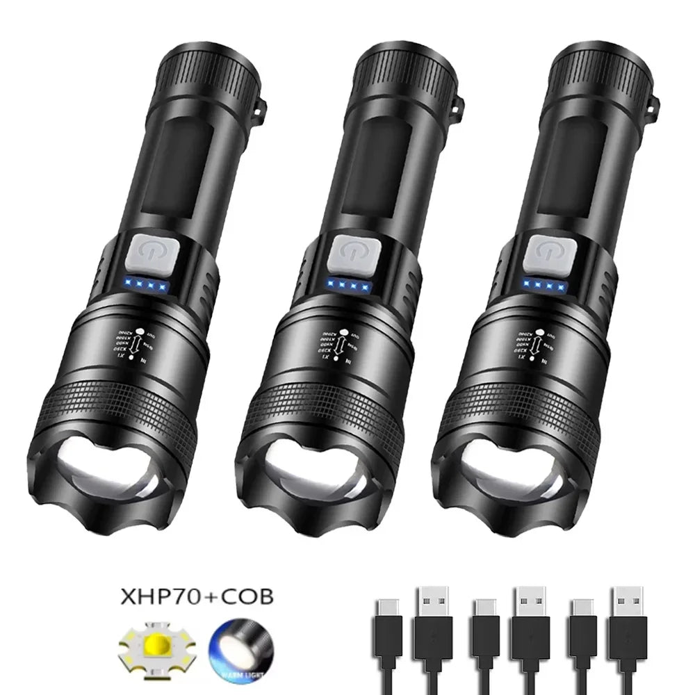 Tactical LED Flashlight USB Charging High Power Zoom Lantern with Display Light for Camping Fishing Emergency Use