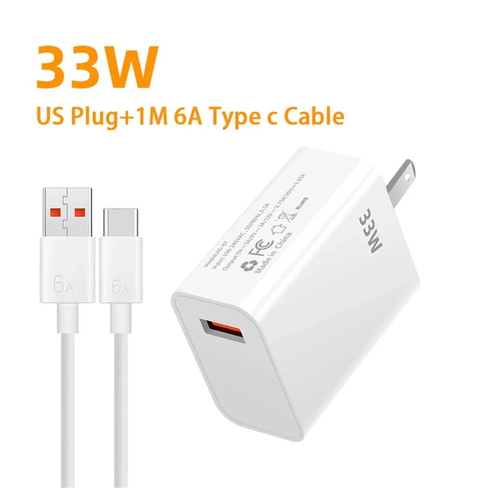 33W USB Fast Charger Quick Charge 3.0 USB Type C Cable 6A for Xiaomi Redmi Note 13/12 iPhone Samsung Mobile Phone Charge Adapter