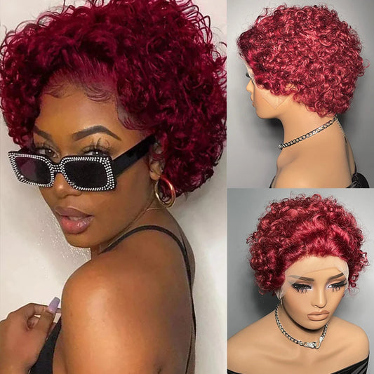 Short Curly Wig Transparent Lace Front Human Hair Wig Pixie Cut Wigs Brazilian Water Wave Human Hair Wigs For Women