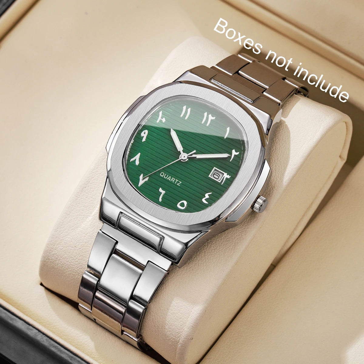 Luxus Herren Business Uhren Mode Quadratisches Zifferblatt Edelstahlarmband Quarzuhr mit Kalender für Herrenuhr (Ohne Box)