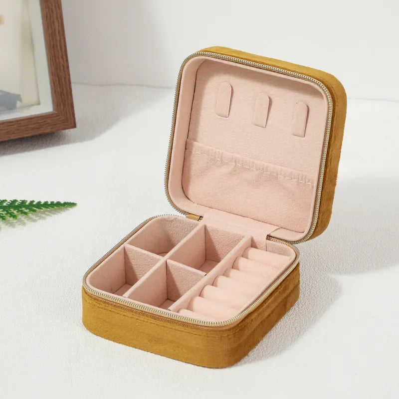 Boîte à bijoux en velours pour femmes, organisateur de colliers, bagues, boucles d'oreilles, étui de rangement portable carré à fermeture éclair