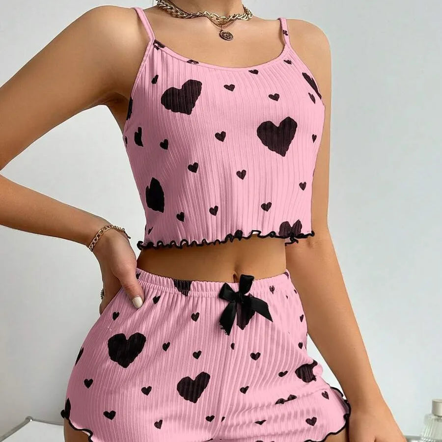 Ensemble de pyjama pour femme 2 pièces : débardeur court et short - Tailles S M L - Blanc - Aéré, doux, décontracté, motif Love