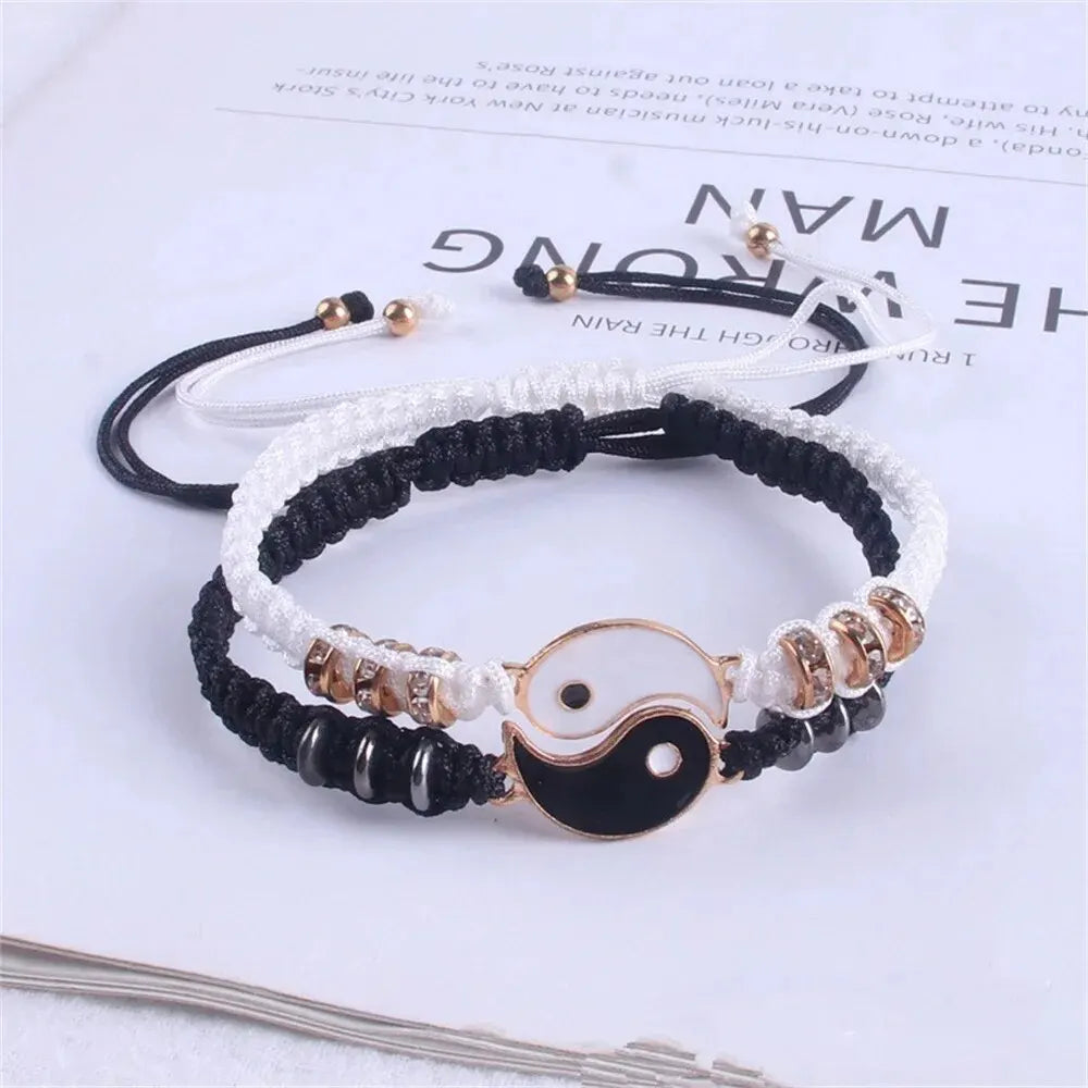 Ensemble de 2 bracelets pour couple Tai Chi noir et blanc réglables en corde style simple pour le quotidien