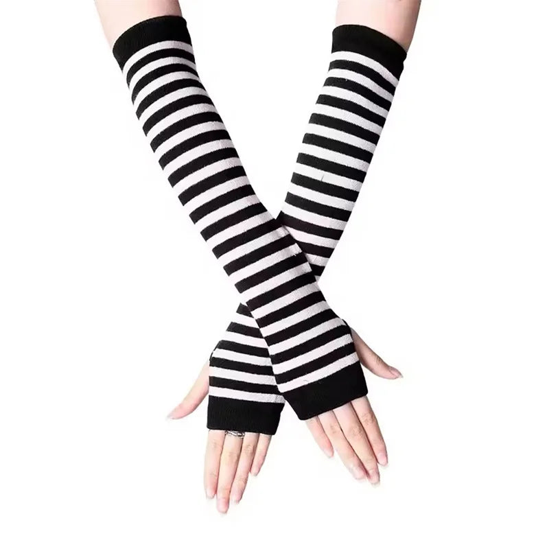 Striped Fingerless Gloves Arm Warmers Cotton Elbow Protection Warm Bracelet Gloves for Cold Weather Daily Casual Outdoor Wear