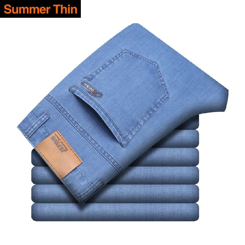 Summer Thin Classic Style Men Brand Jeans Business Casual Stretch Straight Denim Pants Light Blue Black Trousers Male - Shoppiline