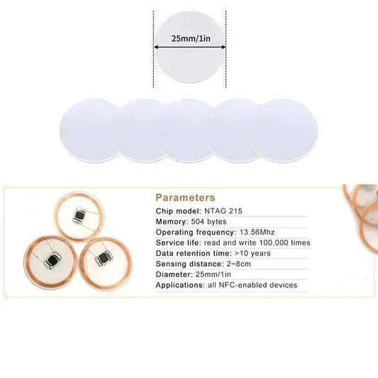NFC Ntag215 13.56MHz NFC Coin Bonding Card Badge ISO/EC14443A 25mm Waterproof PVC 215 Electronic Tags