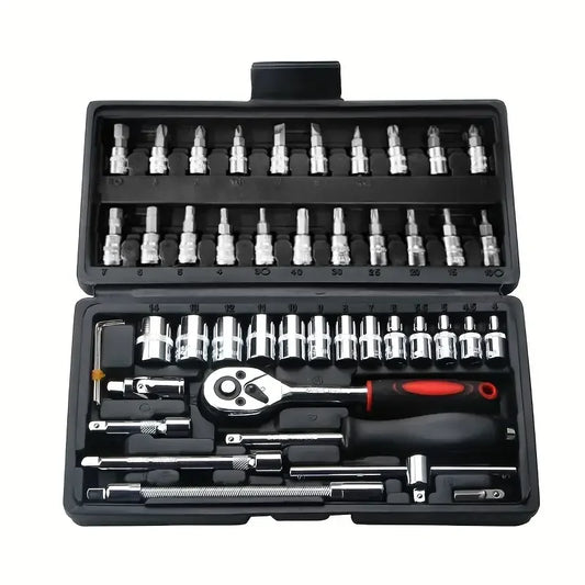 Hi you: 46 piece car repair tool kit: ratchet torque wrench, wrench, screwdriver, socket set combination - perfect for bicycle a