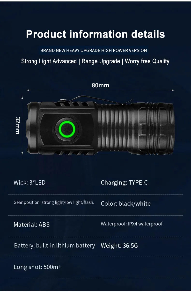 Ultra Bright Mini Torch 3LED Tactical Flashlight USB Rechargeable Outdoor Waterproof Hiking Camping Cap Clip Flashlight
