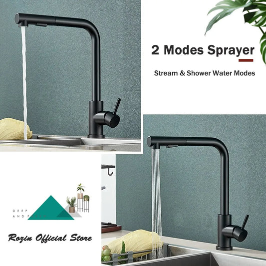 Black Pull Out Kitchen Sink Faucet Flexible 2 Modes Stream & Sprayer Nozzle Faucets Stainless Steel Hot Cold Wate Mixer Tap Deck - Shoppiline