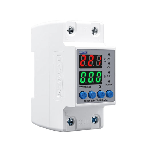 DIN Rail Dual Display Adjustable Over Voltage Current And Under Voltage Protective Device Protector Relay 40A 63A 80A 220V 230V