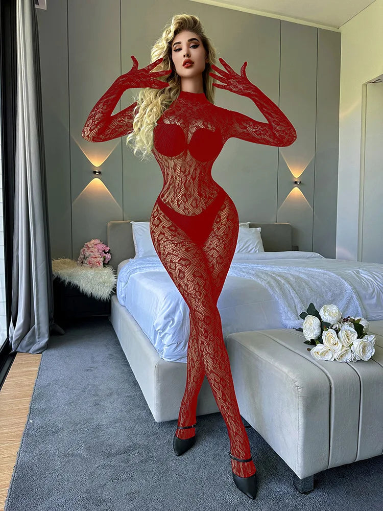 Sexy Lace See Through Bodysuit Long Sleeve Fishnet Jumpsuits Elastic Night Club Jump Suits for Women Sexy Pole Dancing Overalls