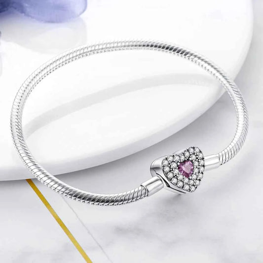 Fashion S925 Silver Plated Peach Heart Love Sparkling Zircon Bracelet For Women Fit DIY Charms Beads Fine DIY Birthday Jewelry