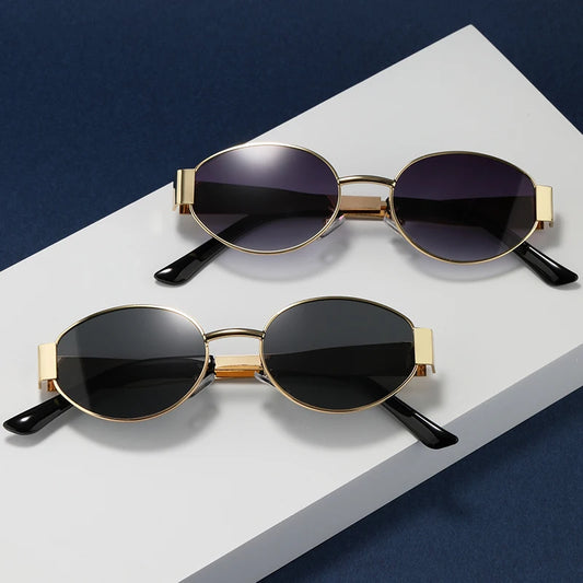 Small Metal Frame Oval Sunglasses For Women 2024 Brand Designer Fashion Luxury Shades UV400 Eyewear Men Vintage Sun Glasses