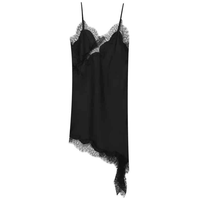 HXAO Asymmetrical Lace Dress Woman Sleeveless Slip Black Dress Summer Satin Party Dresses Backless Sexy Short Night Dresses