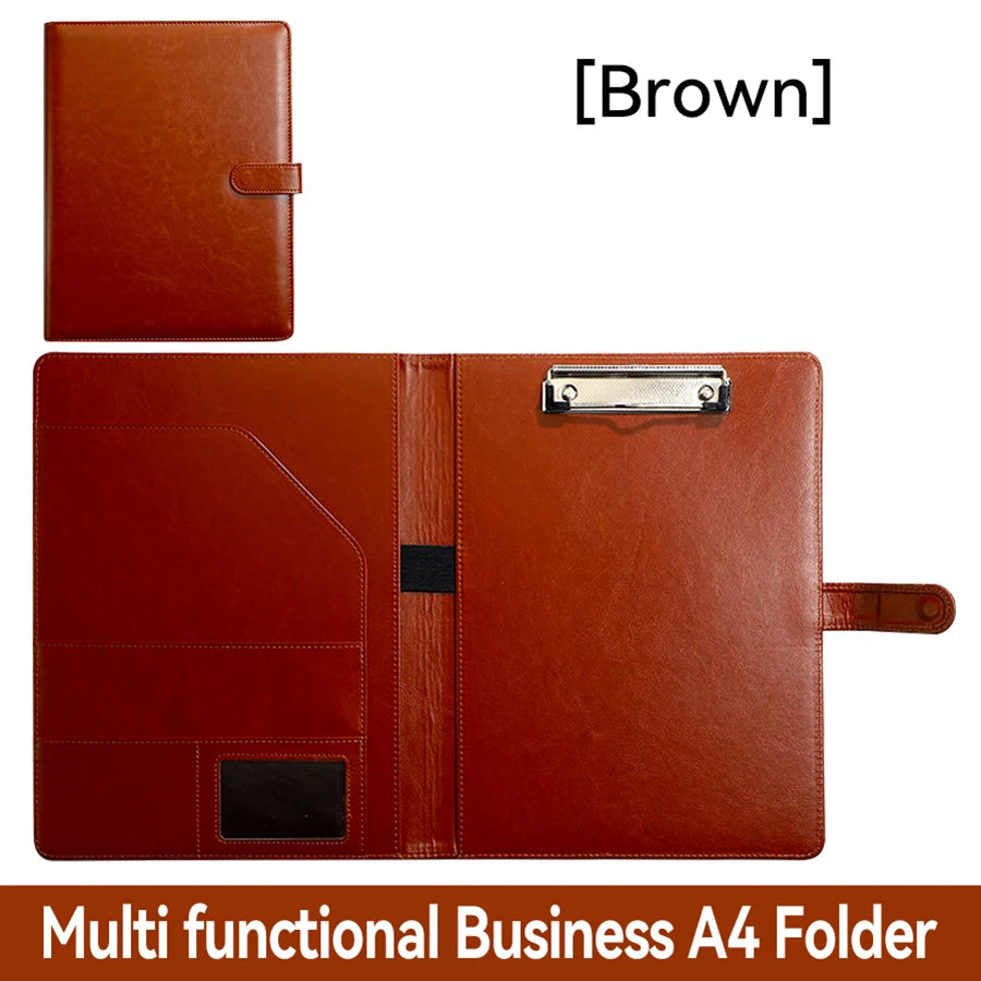 1Pc Texture PU Leather Multi-Functional Folder A4 Clip Pen Holder Card Slots - Business Office Meeting Organizer for Bank/Sales - Shoppiline