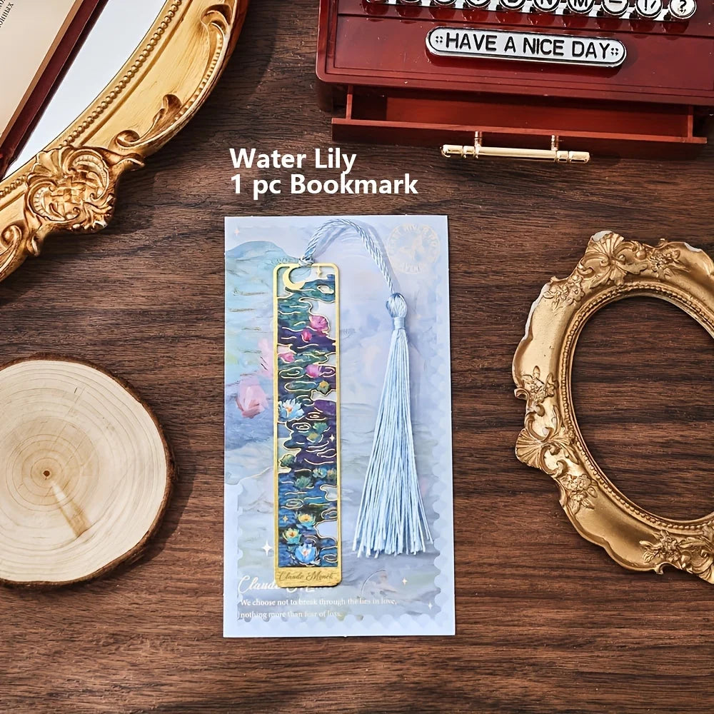 Vintage Oil Painting Metal Bookmarks - Hollow Hot Stamping Long Tassel Bookmarks - Stationery Gifts for Book Clubs, Book Lovers,