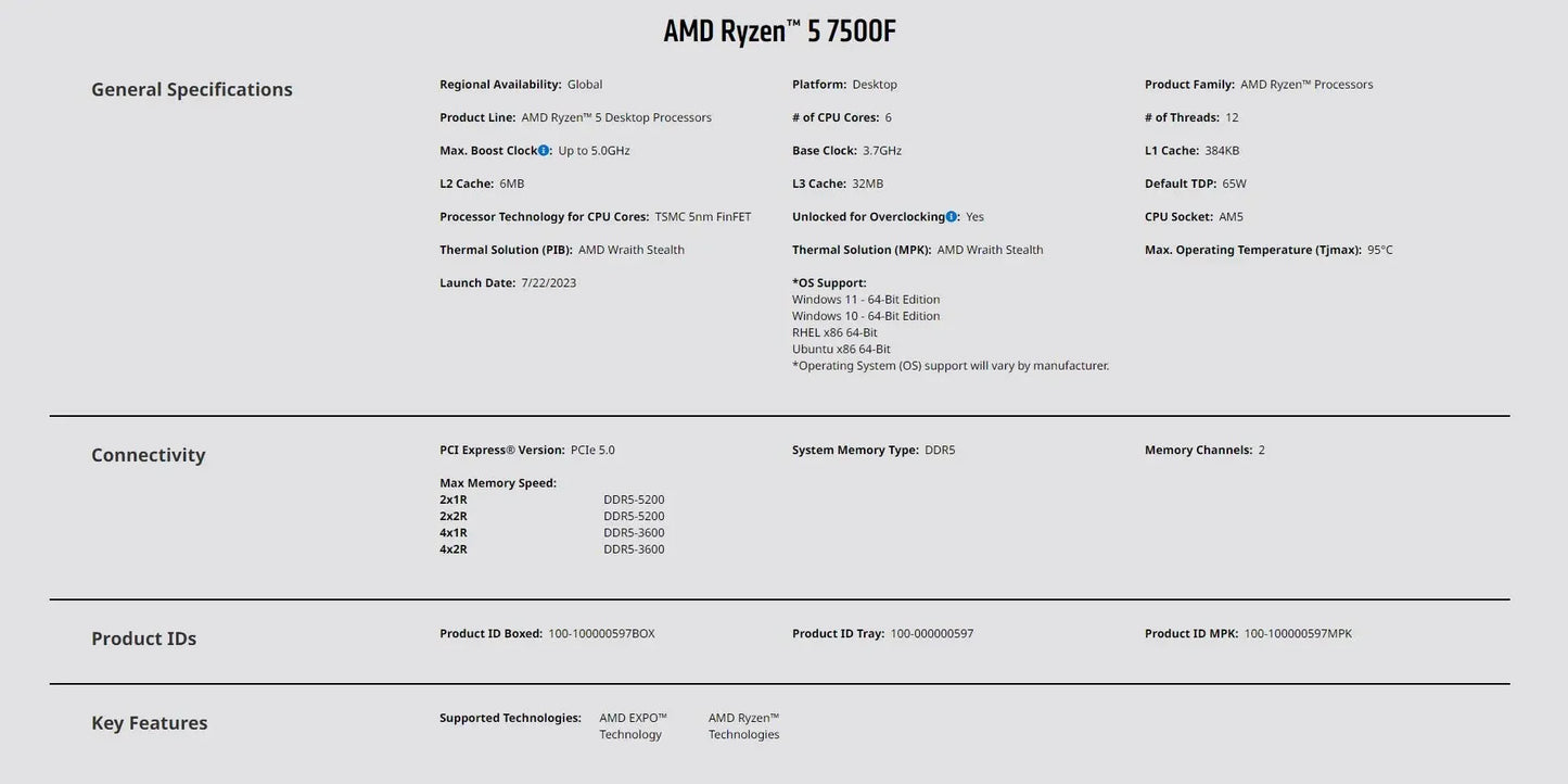 AMD Used Ryzen 5 7500F R5 7500F 3.7GHz CPU processor 6-Core 12-Thread 5NM L3=32M 100-000000597 Socket AM5
