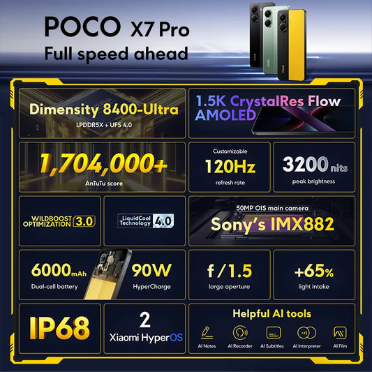 【World Premiere】POCO X7 Pro Global Version Smartphone 256GB / 512GB Dimensity 8400-Ultra 90W Charge 6000mAh battery IP68 NFC 5G - Shoppiline
