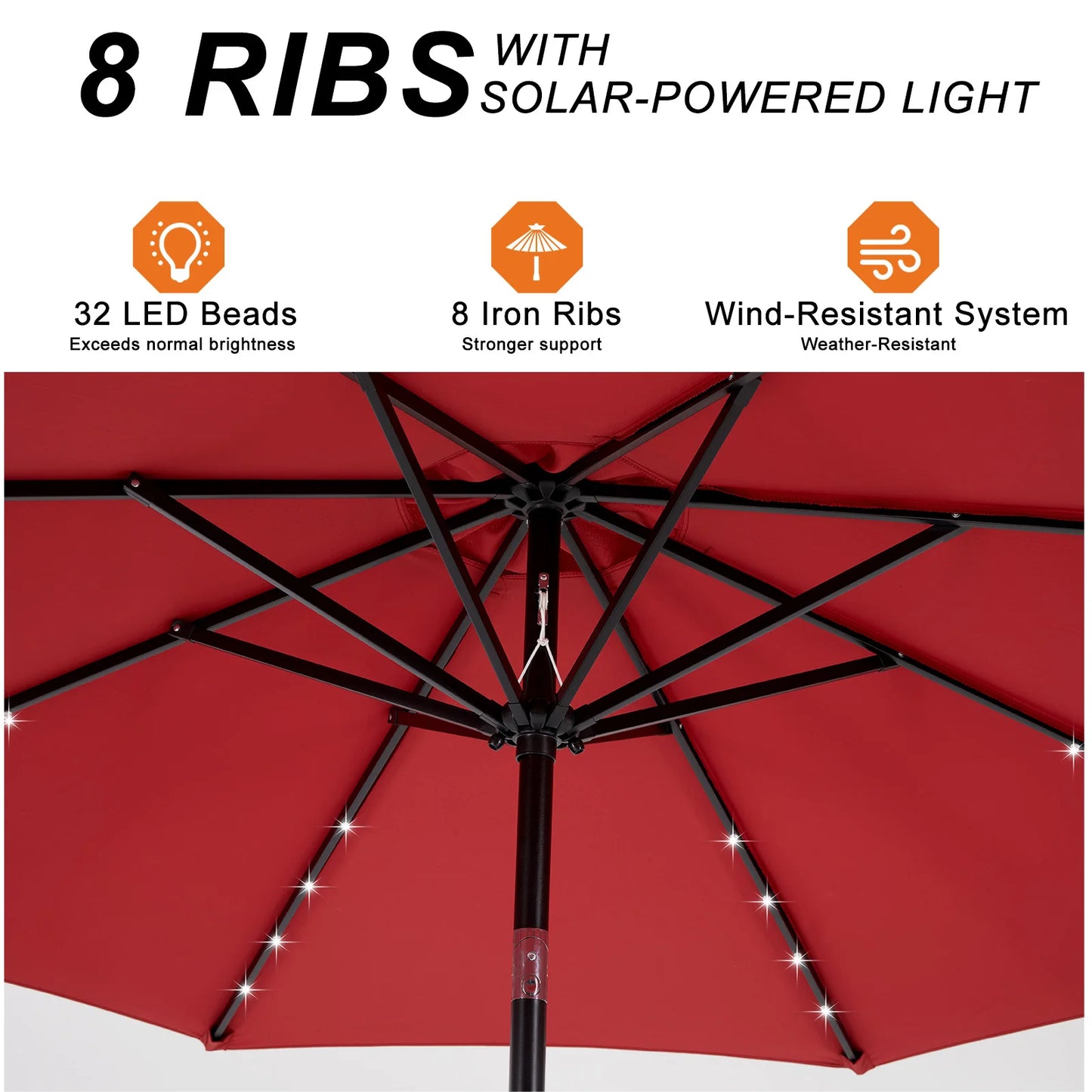 JHK 10FT Solar Patio Umbrella with 32 LED Lights UV-Resistant Outdoor Table Umbrella with Tilt and Crank for Backyard Garden