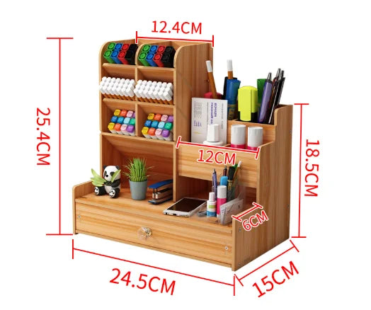 Wooden Desk Organiser DIY Desktop Tidy Pen Holder Large Capacity Stationery Storage Box with Drawer for Home Office and School - Shoppiline