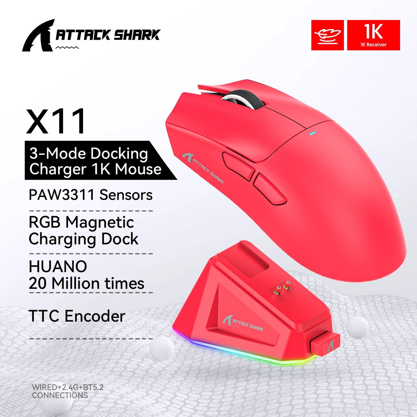 Attack Shark X11 X11SE Wireless Gaming Mouse 3-Mode , PAW3311, 22000DPI, 400IPS, PC Gaming Mouse