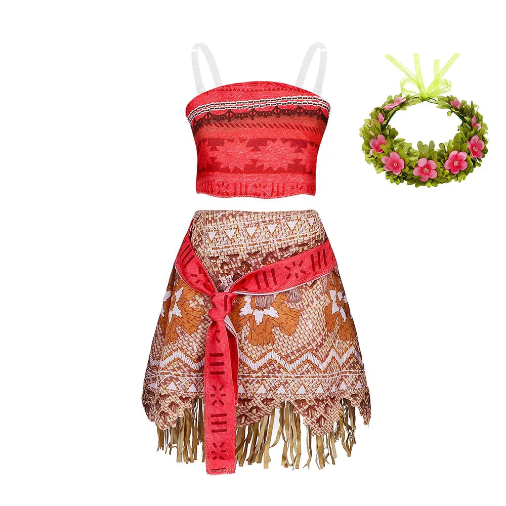 Ozean-Abenteuer-Cartoon-Rollenspielkostüm Moana Zweiteiliges Kleid für Mädchen im polynesischen Stil Vaiana Prinzessinnenkostüm Halloween