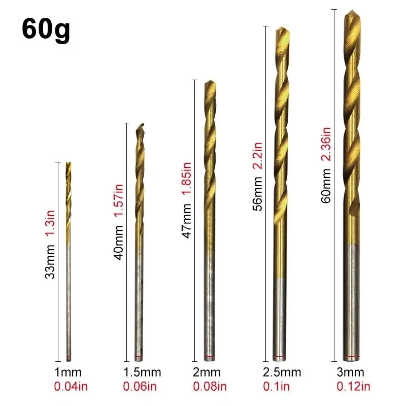 100PCS Titanium Plated Twist Drill Bit Set 1-3mm for Wood Metal Hand Electric Drill Versatile Cutting Tools for Home And Garden