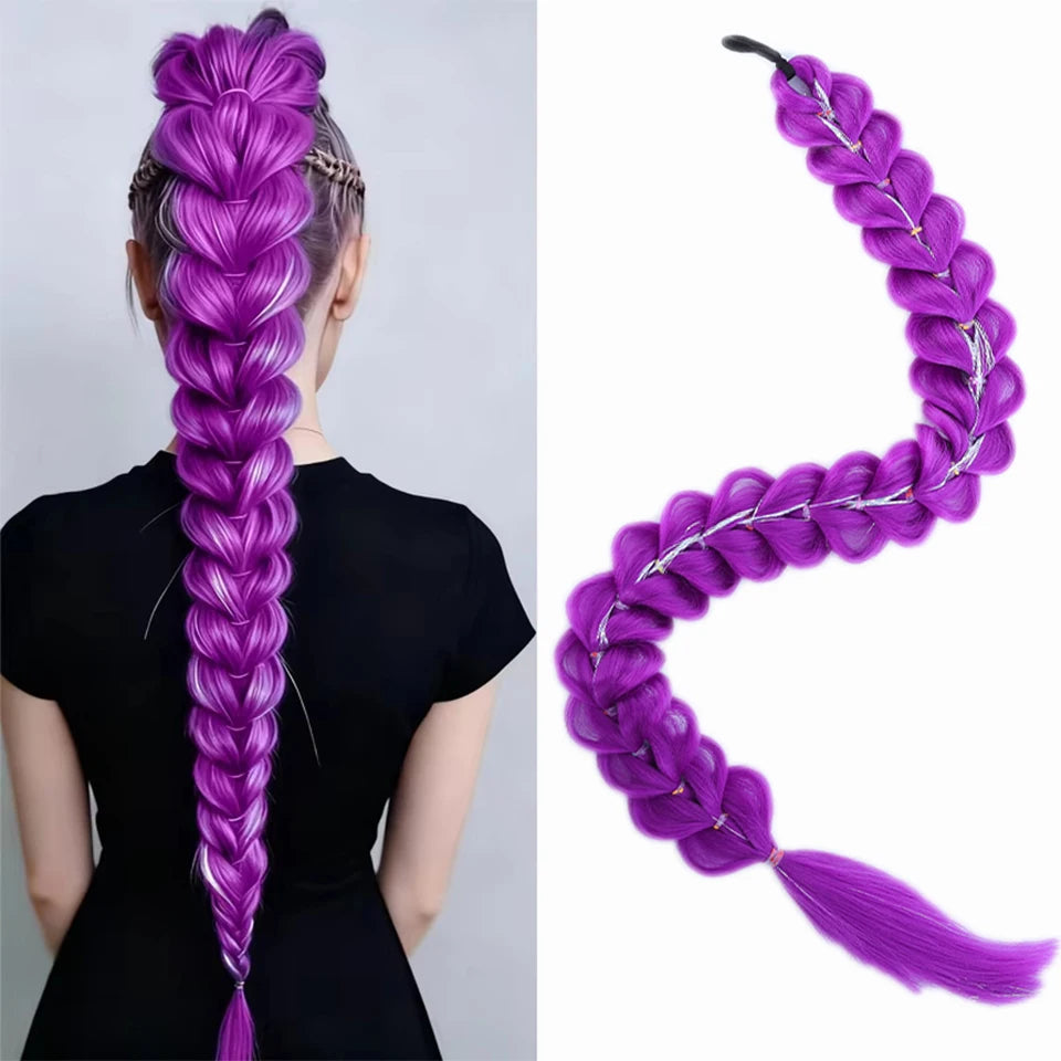 32inch Braided Purple Synthetic Ponytail with Tinsel Hair Wig Super Extensions Shiny Tinsel Hair for Kids Christmas Cosplay Hair