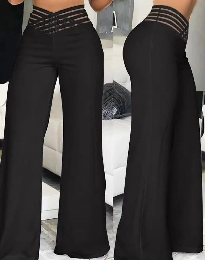 Damen ausgestellte Hosen Elegant Büro Dame Freizeit High Waist Hose Frühling Sommer Unifarben Crisscross Transparente Netzstoff-Patch Weites Bein Hose