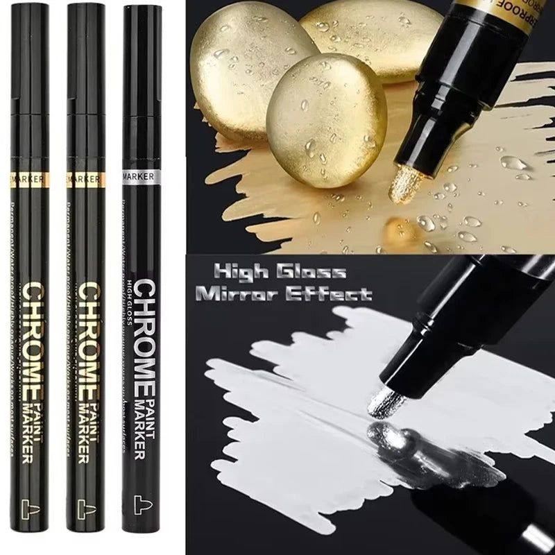 5/1pcs Chrome Pen Marker Mirror Waterproof Paint Repair For Rock Ceramic Glass Metallic Gold/Silver 2mm Nib - Shoppiline