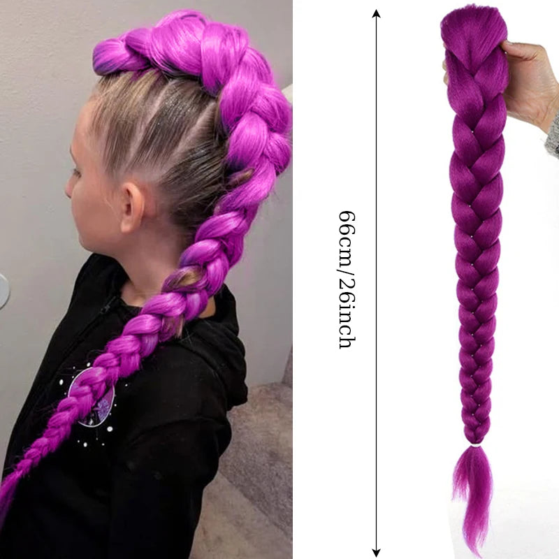 Synthetic 26inch Long Braided Purple Hair Ponytail Rumi Costume Hairstyle Ponytail with Clips for Kids Girls Halloween Christmas