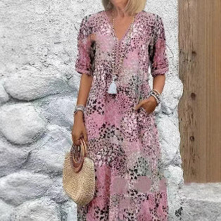 Lace V-neck Short-sleeve Dress For Women