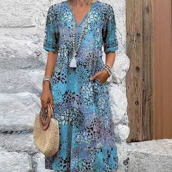 Lace V-neck Short-sleeve Dress For Women
