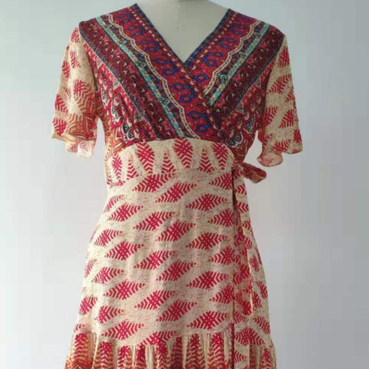Women's Beach Short-Sleeve Pleated Printed Dress