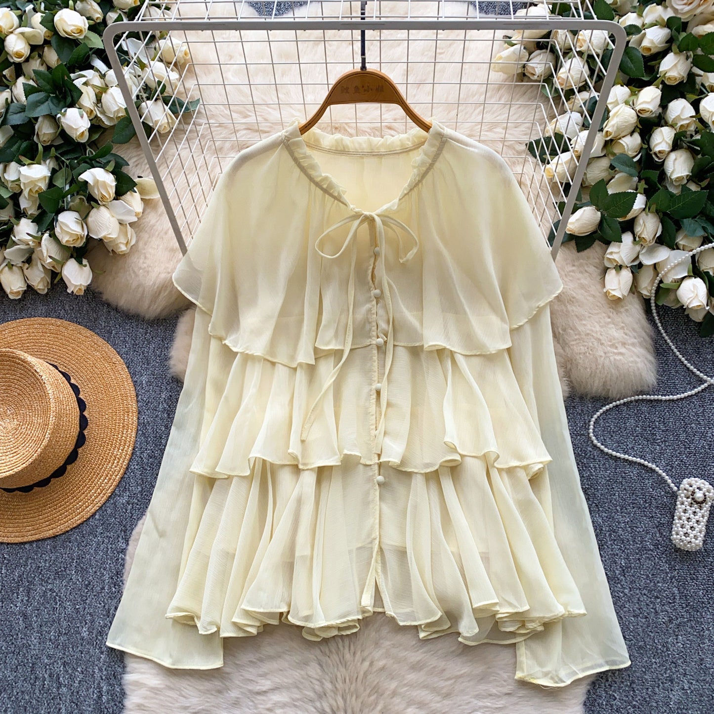 Women's Loose-Fitting Lace-Up Ruffle-Trimmed Chiffon Shirt
