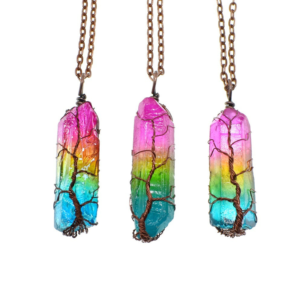 Collier Tendance Ins avec Pendentif Arbre de Vie en Cristal de Pierre à Succès Commercial