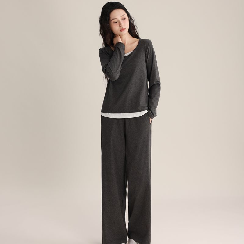 Super Soft Women's Pullover Fake Two-piece Spliced Pajamas