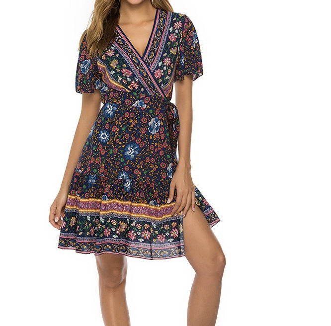 Women's Beach Short-Sleeve Pleated Printed Dress