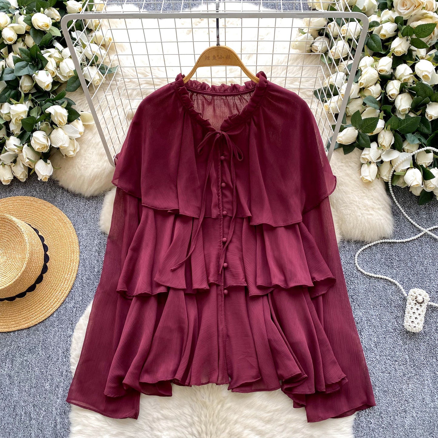 Women's Loose-Fitting Lace-Up Ruffle-Trimmed Chiffon Shirt