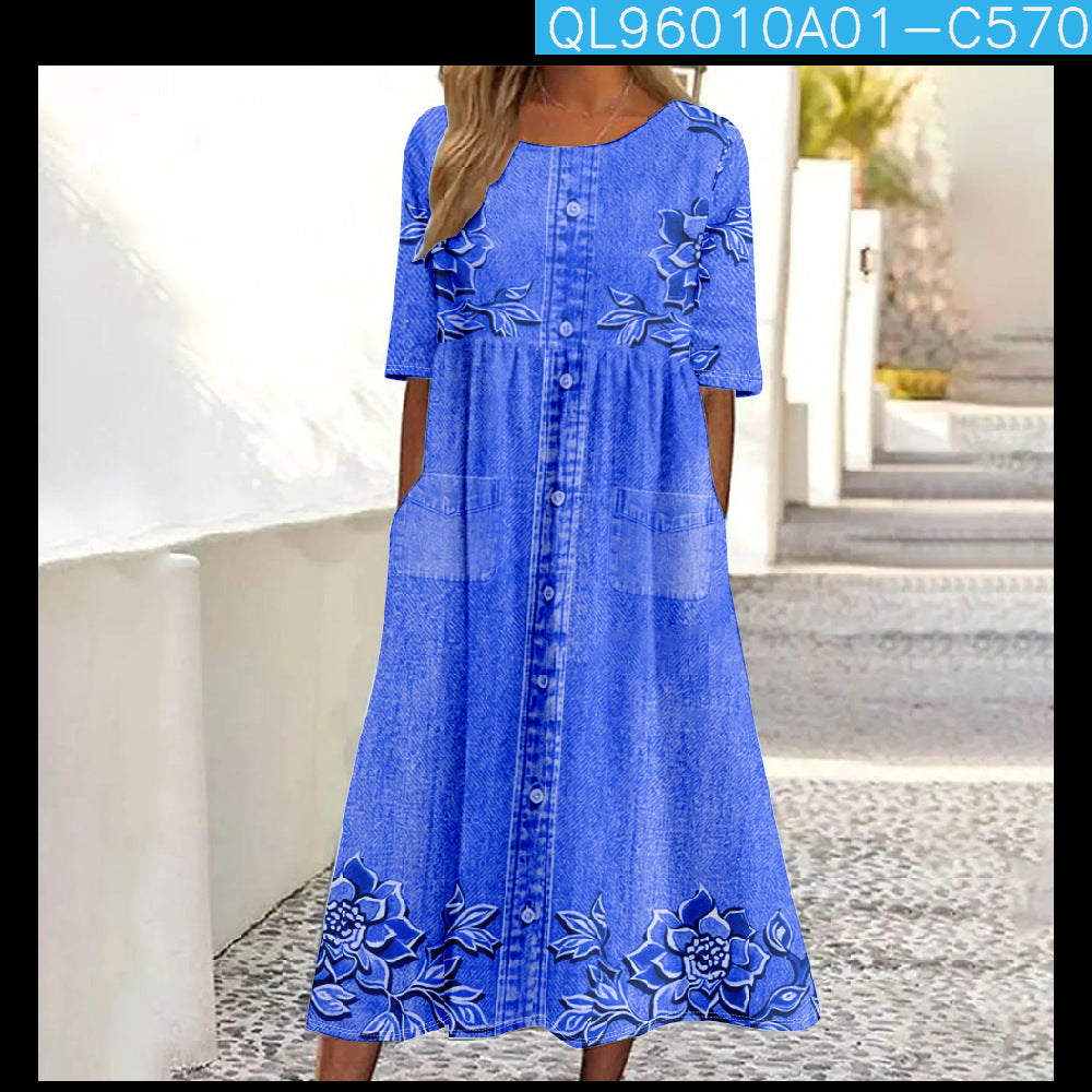 Womens Casual Round-Neck Printed Swing Dress