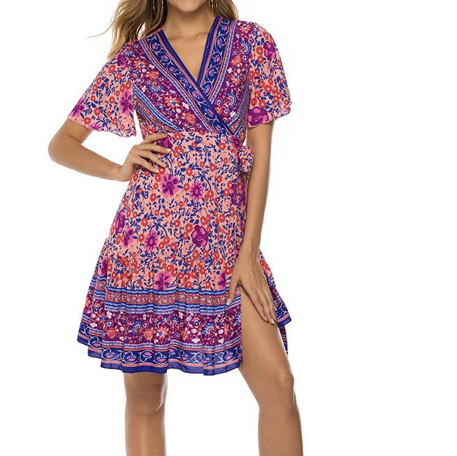 Women's Beach Short-Sleeve Pleated Printed Dress