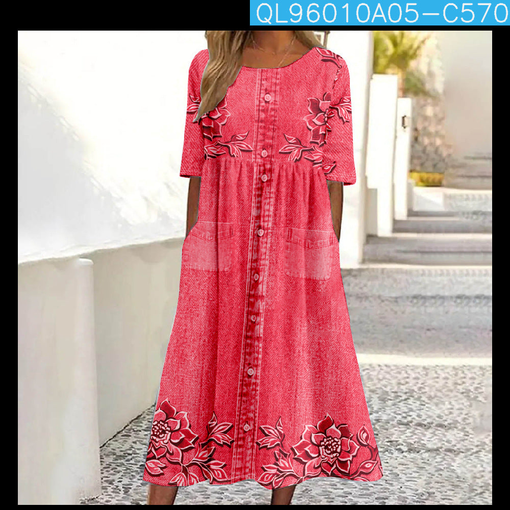 Womens Casual Round-Neck Printed Swing Dress