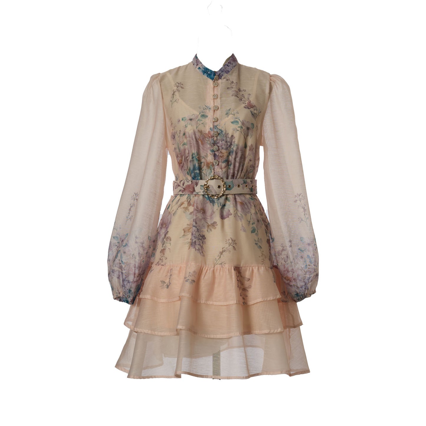 Resort-style Printed Slim-fit Multi-layer Ruffle Hem Mini Dress
